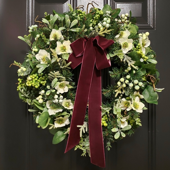 New! Winter Berries and Pine Door Wreath Removable Velvet Ribbon - Picture 3 of 3